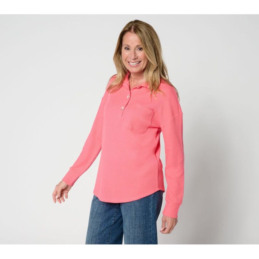 Belle by Kim Gravel Women's Top Plus Sz 1X Micro Waffle Horn Button Pink